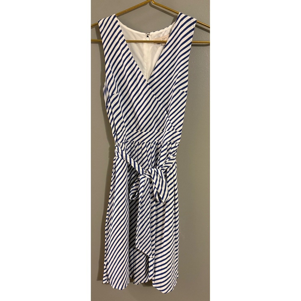 Loft Womens Navy Blue White Striped Sleeveless V-Neck Tie Waist Dress Size 0T